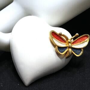 Vintage Red White Blue Butterfly Heart Brooch Gold Tone Enamel Patriotic Pin